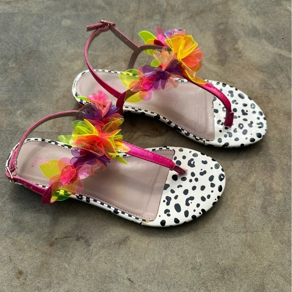 Betsey Johnson Hensly Fuchsia Multi Neon Flat Sandal Jelly Flowers Size 6 EUC - Picture 1 of 7